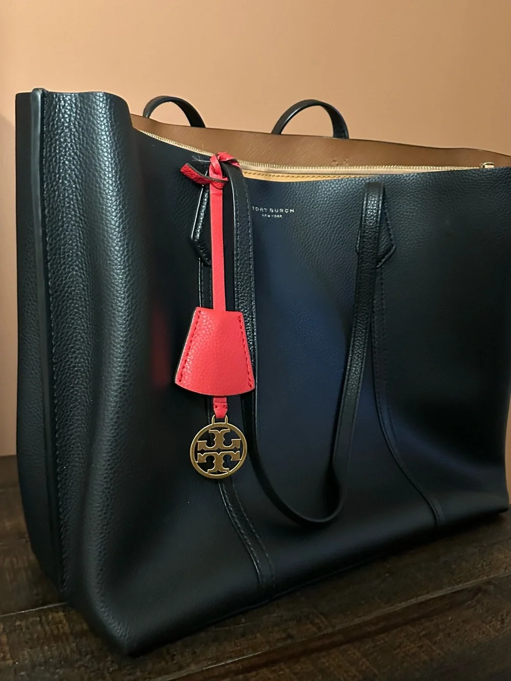 TORY BURCH | Perry 3 Compartment Tote Black Tan Interior Red Logo Charm Gold